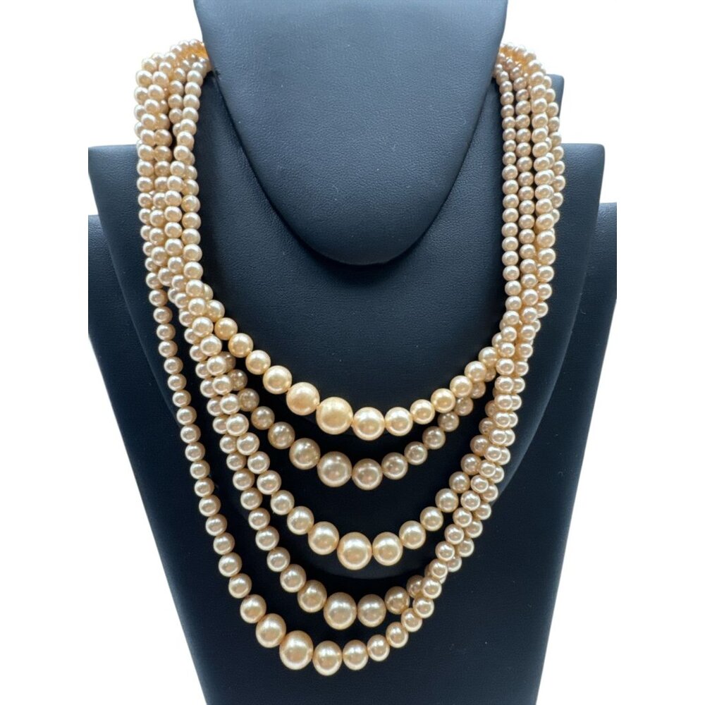 Vintage Multi-Strand Faux Pearl Necklace With Ornate Rhinestone Clasp